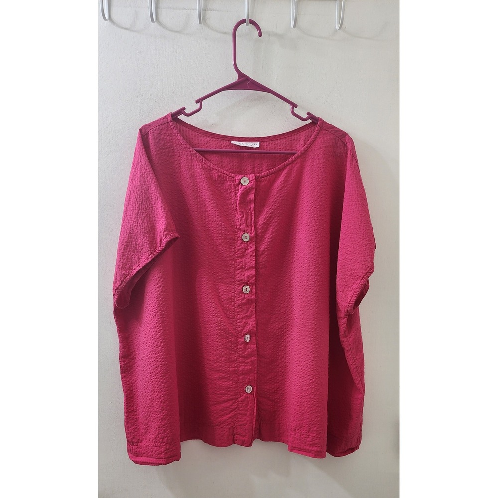 Bryn Walker Magenta Pink Cotton Seersucker Button Up Boxy Top Made in USA